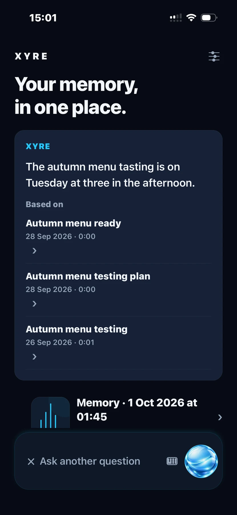 XYRE Ask result shown above saved Memories