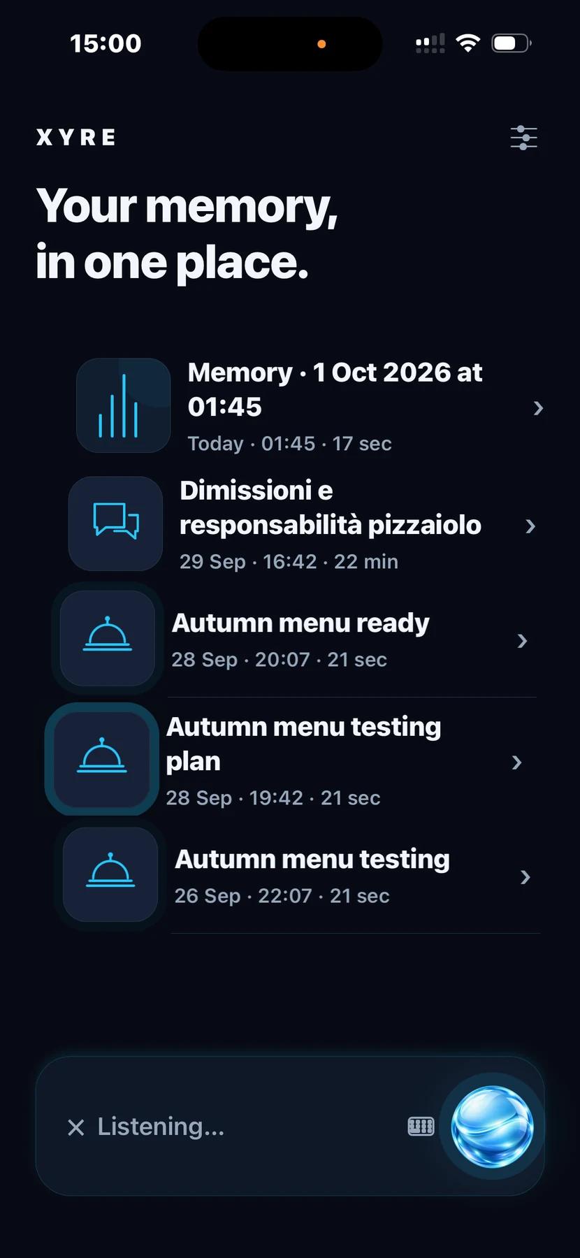 XYRE Home screen showing saved Memories